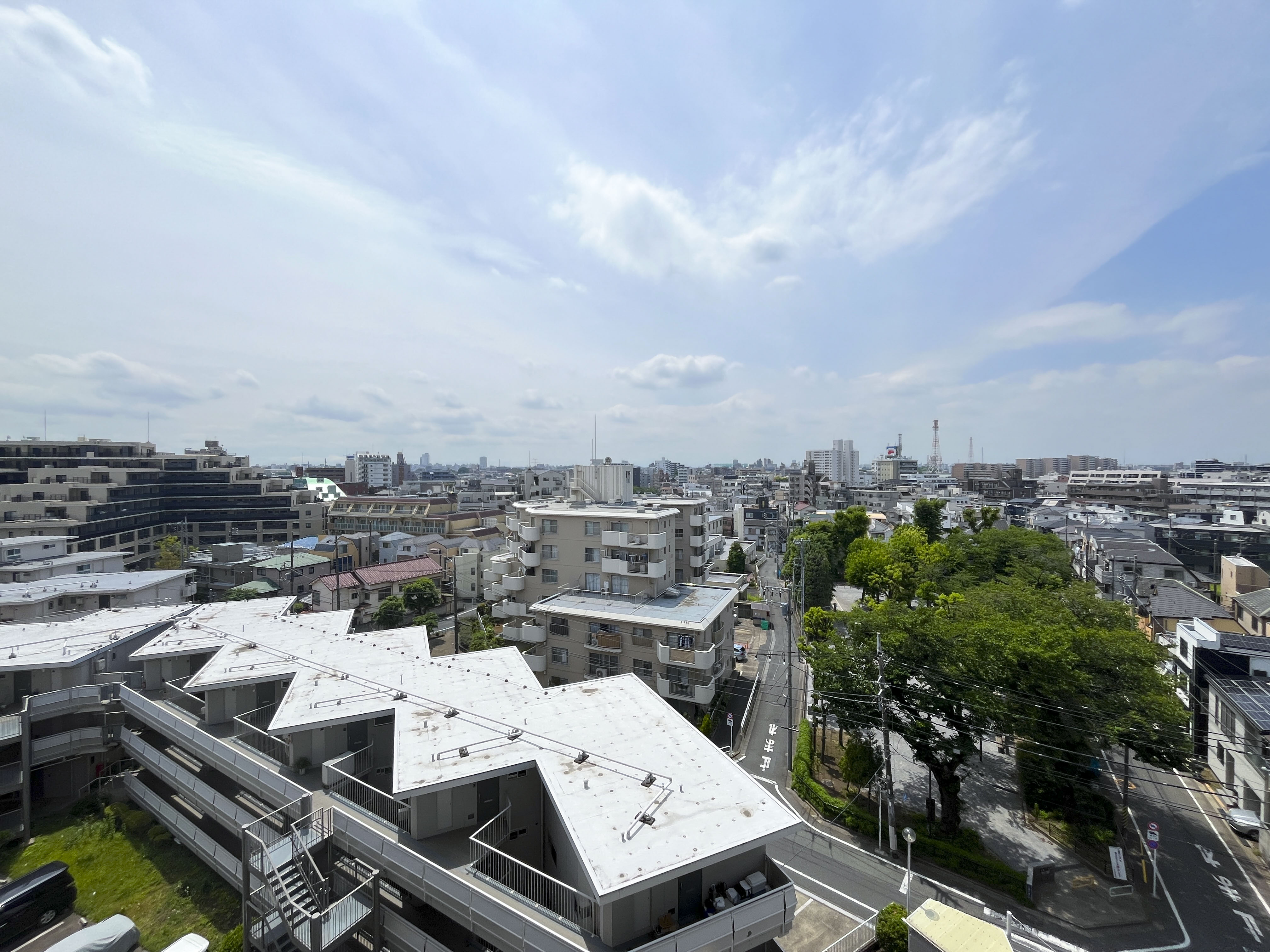 道路や周辺の建物、緑地が広範囲に写っている周辺環境