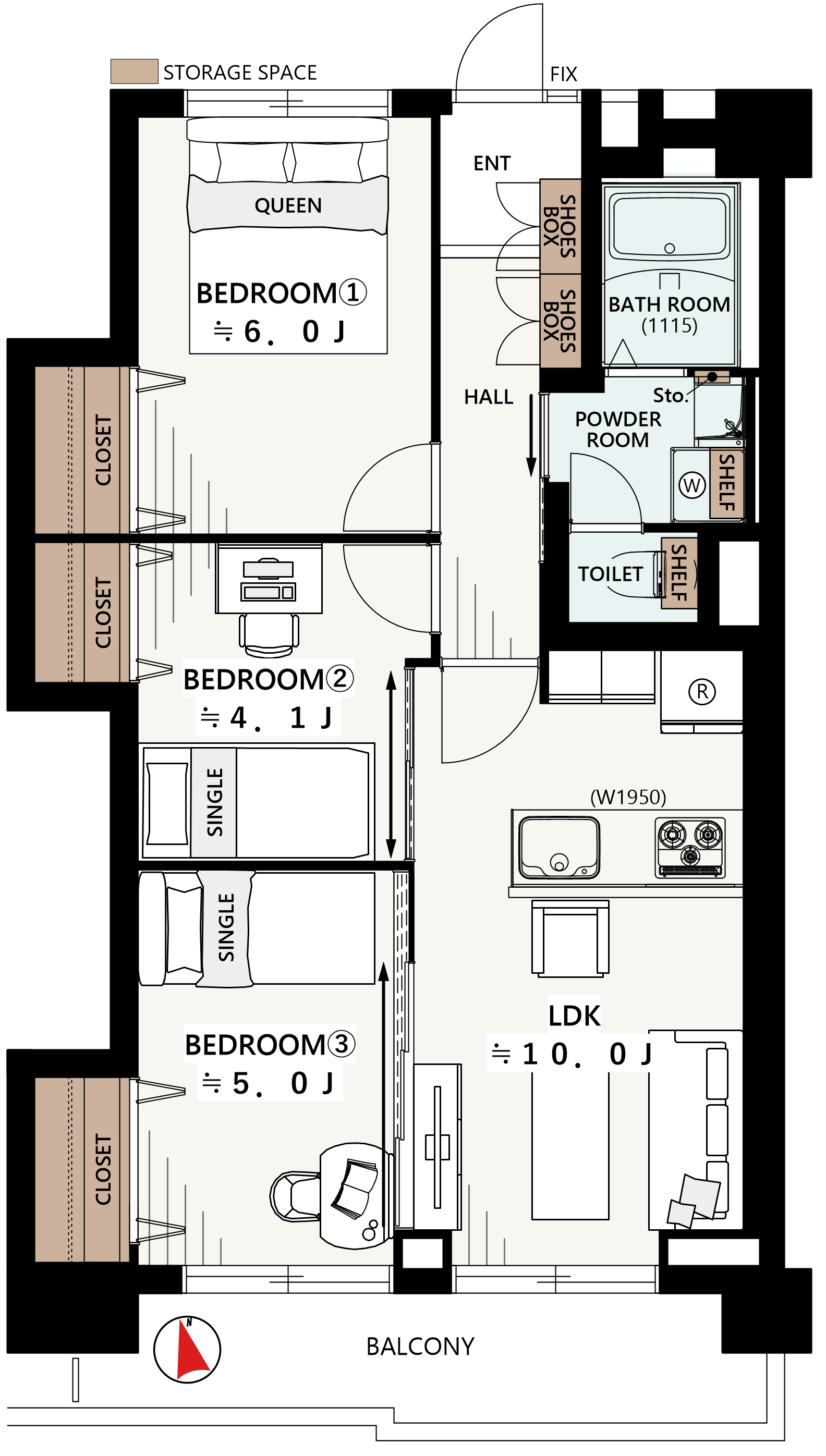 給田南住宅 2 号棟 208 号室の間取り図全体を表示した平面図
