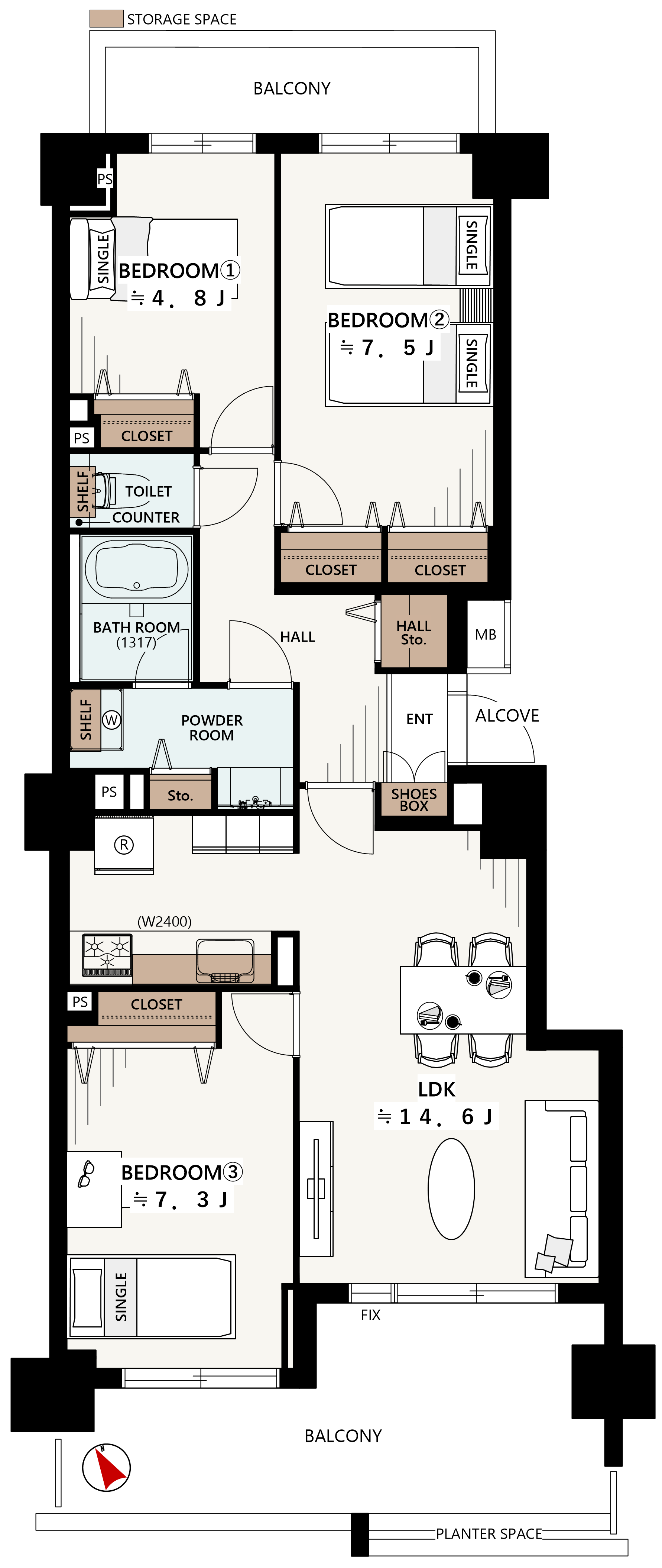 ガーデンプラザ新検見川4番館の間取り図:間取り図として全体の部屋配置を示した平面図