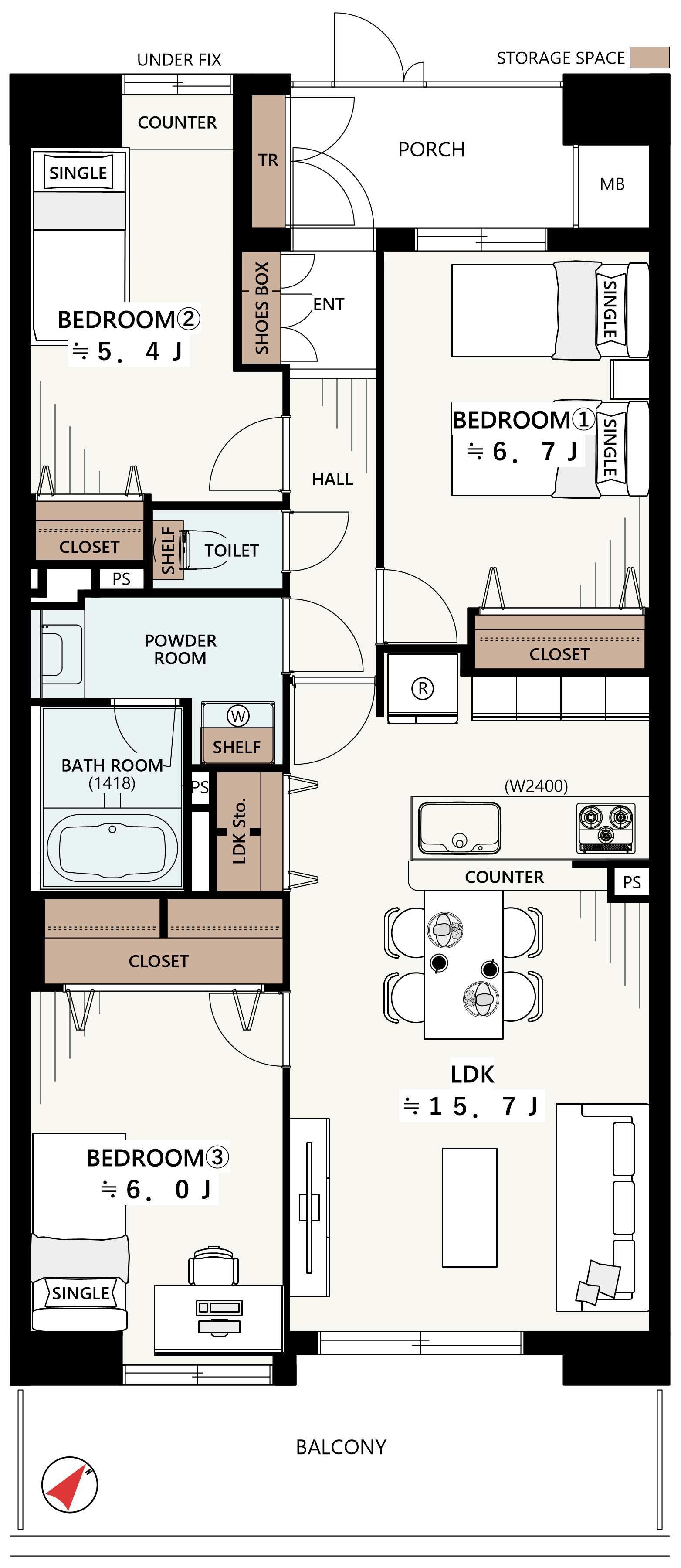 3LDK の間取り図平面図全体表示