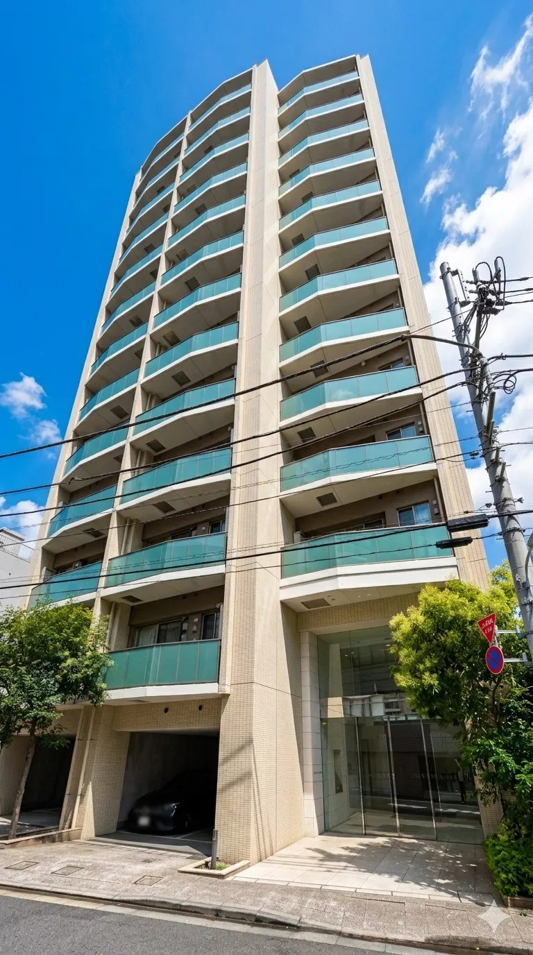 高層マンションの外観を撮影した建物全体の写真