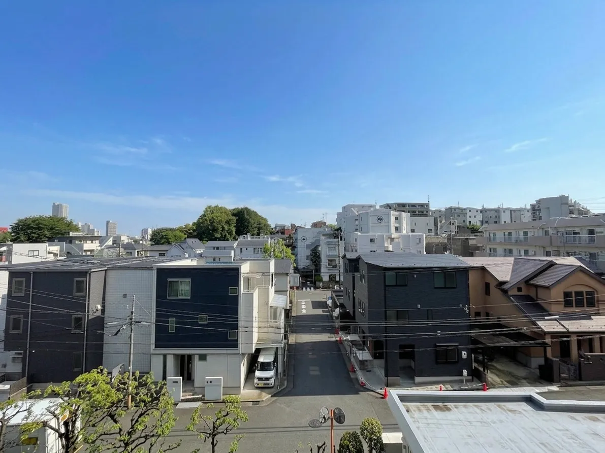 道路、周囲の建物、緑地が広く撮影された地域の風景
