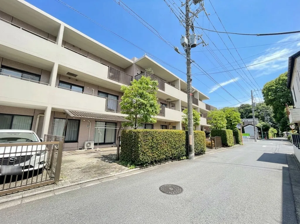 マンションの外観と周辺道路が主体の撮影